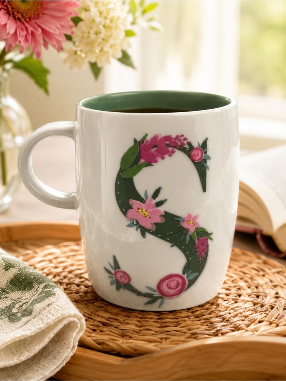 Floral Monogram S Mug Ceramic Coffee Cup Green Pink Initial Mug Gift for Her
